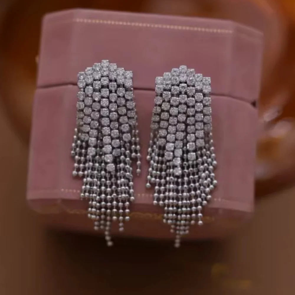 Luxury Silver Crystal Tassel Earrings